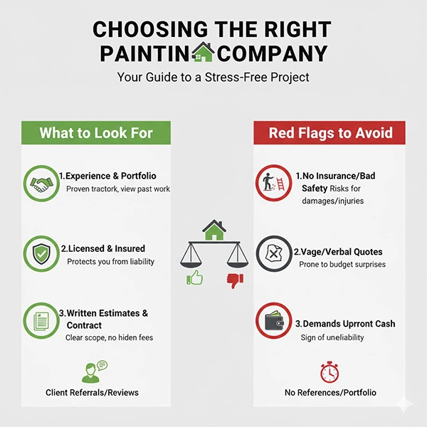 The infographic highlights the “what to look for” and “red flag to avoid” when choosing the right painting company.