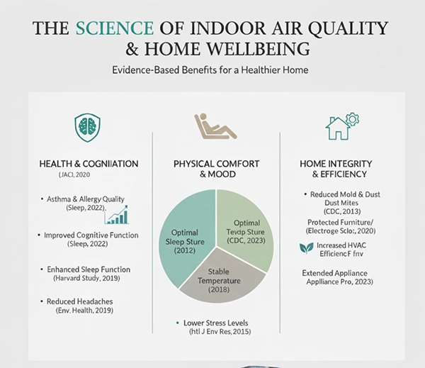 The infographic is exhibiting the science of indoor air quality & home wellbeing; evidence-based benefits for a healthier home.