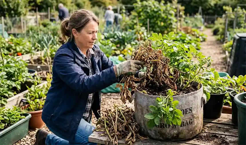 A person removing the dead leaves