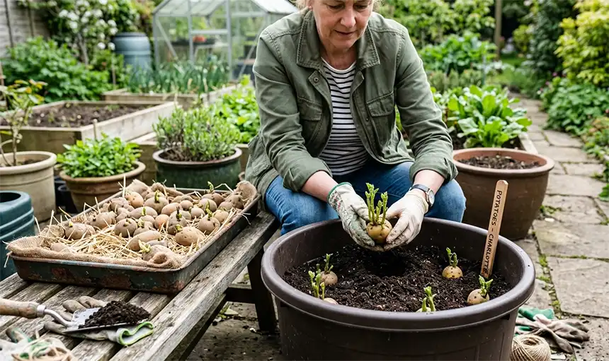 Chitting potatoes in a container