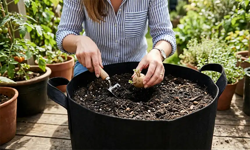 Placing potato seeds in a pot
