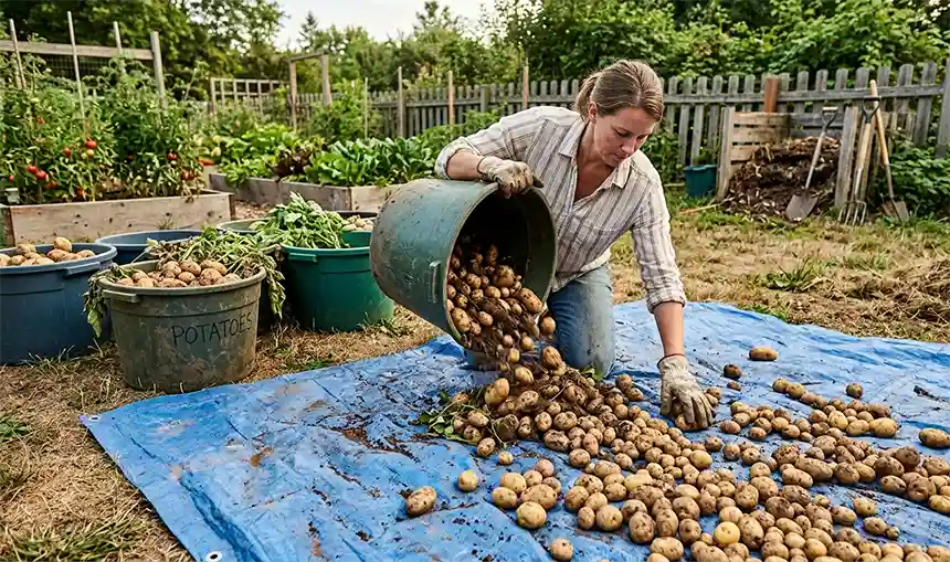 Potatoes flipped over a sheet