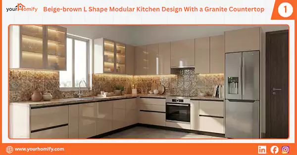 Beige brown L shaped Kitchen with a Granite Countertop