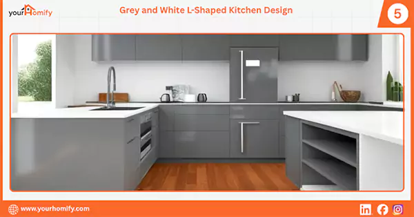 Grey and white L shaped kitchen design