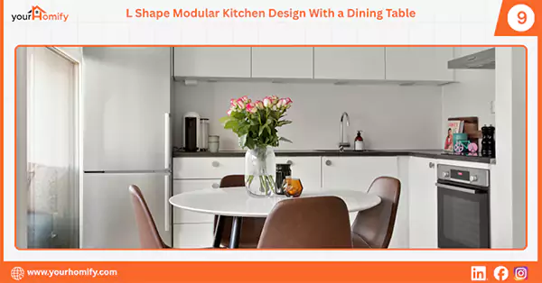 L shaped kitchen design with a dining table