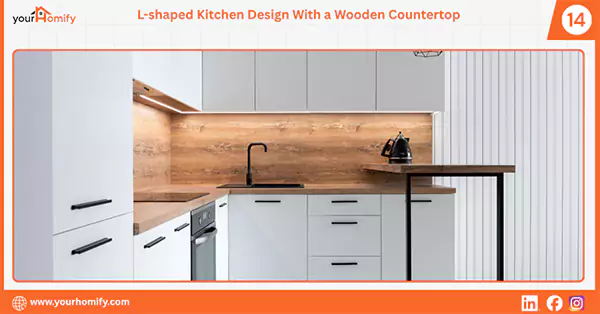 L shaped kitchen with a wood countertop