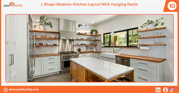 L shaped kitchen with hanging racks
