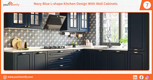 Navy blue L shape kitchen design with wall cabinets