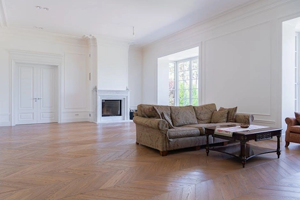 New hardwood flooring installed in a bright living room