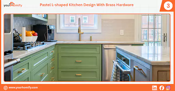 Pastel L shaped kitchen design with brass hardware