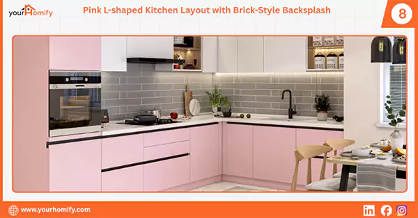Pink L shaped kitchen layout with brick style backsplash