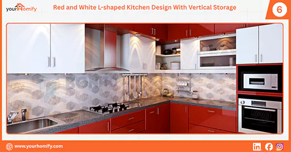 Red and white L shaped kitchen design with vertical storage