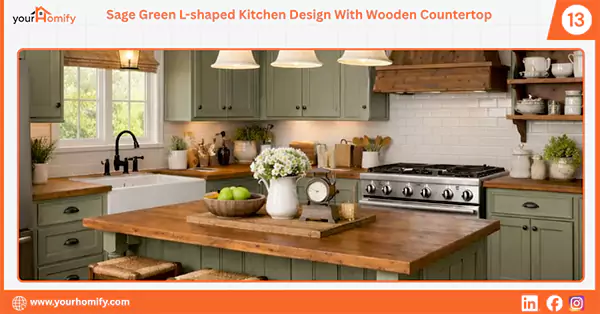 Sage green L shaped kitchen design with wooden countertop
