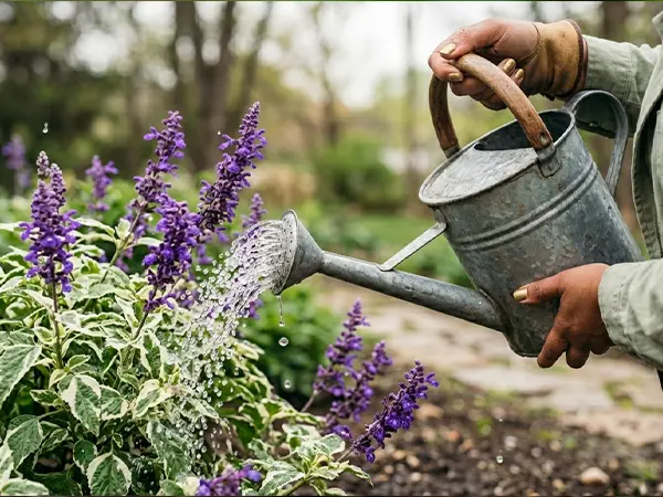 Semi-watering the salvia plant
