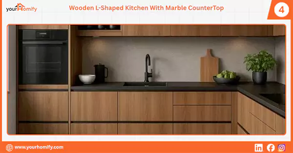 Wooden L Shaped Kitchen With Marble CounterTop