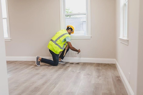 A certified mold inspector examining a wall in a Bay Area home