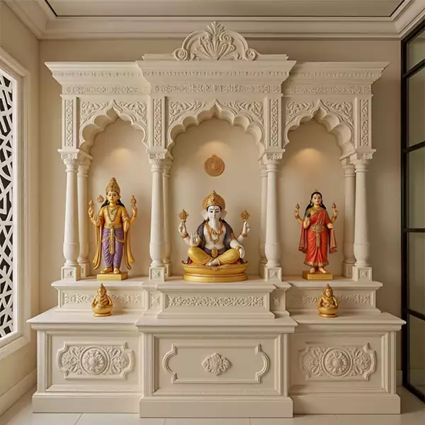 An all white simple pooja room design