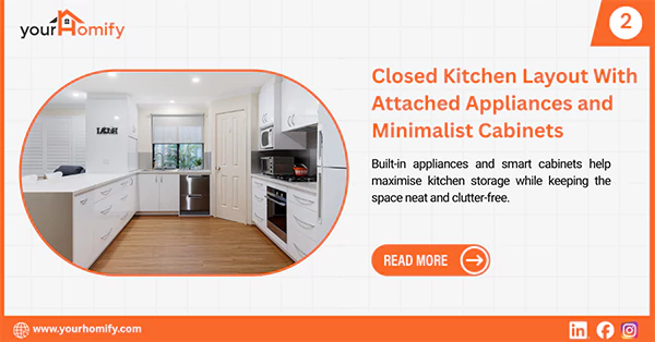 Closed kitchen layout with attached appliances and minimalist cabinets
