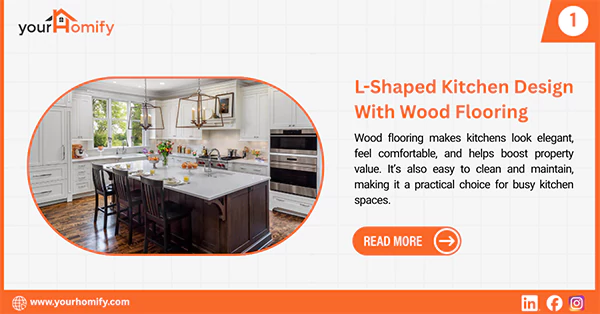 L Shaped closed kitchen with wood flooring