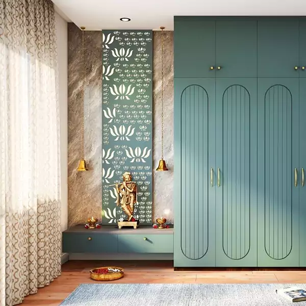 Pooja room design with cupboards