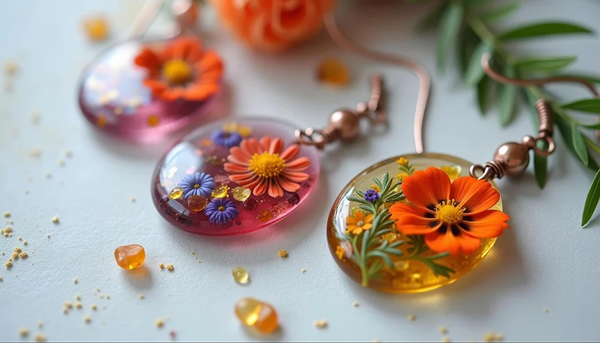 Resin cast flowers turned into earrings