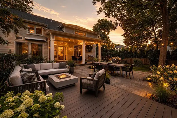 A composite deck flowing into a paver patio the highest-return