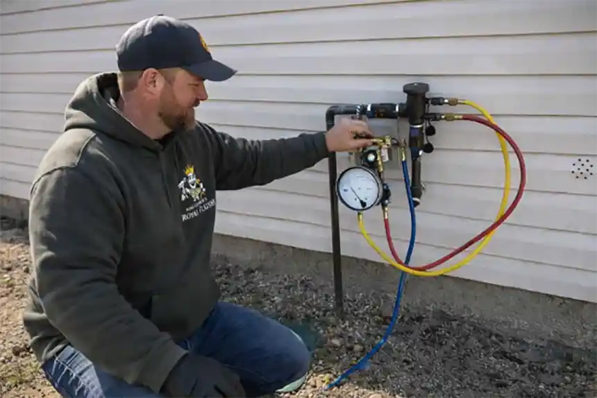 Certified technician attaching test gauges to a residential backflow assembly