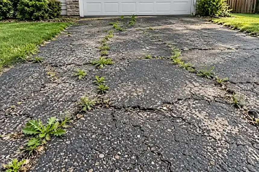 Cracked and weathered asphalt driveway with weeds growing through the joints1