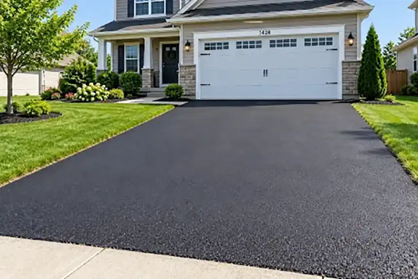 Freshly paved asphalt driveway leading up to a suburban family home