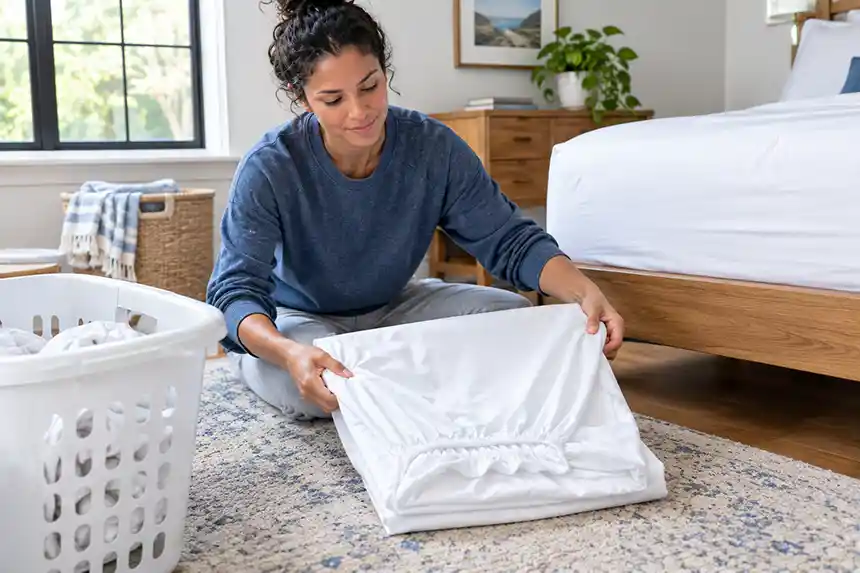 Person folding a crisp white percale fitted sheet beside a laundry basket