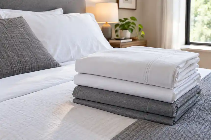 Stack of folded white and grey cotton bed sheets on a neatly made bed