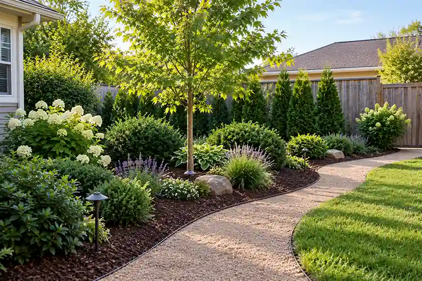 A beautifully mowed garden with proper maintenance and a clear walking path.