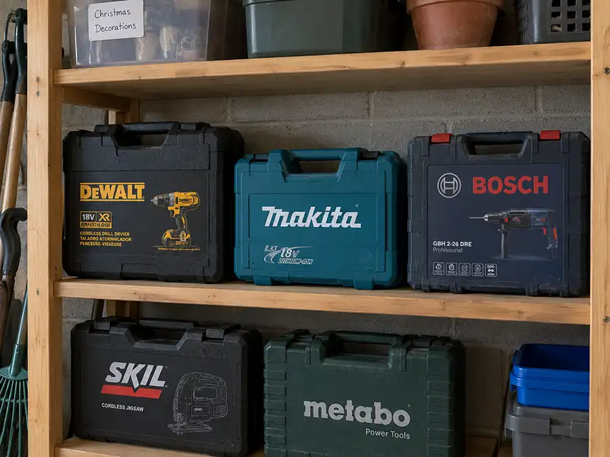 A garage shelf holding rarely used power tools still in their original cases