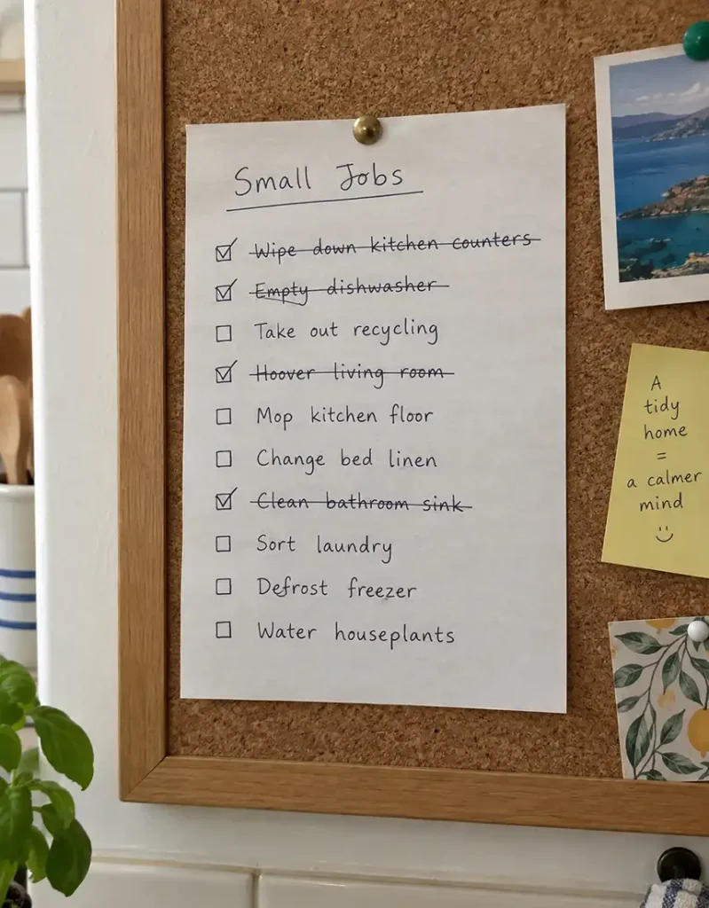 A handwritten list of small household jobs on a kitchen noticeboard, several items crossed off