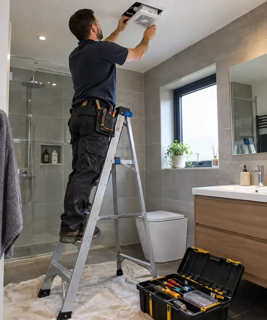 A handyman on a step ladder refitting a bathroom extractor fan, toolbox open on the floor below
