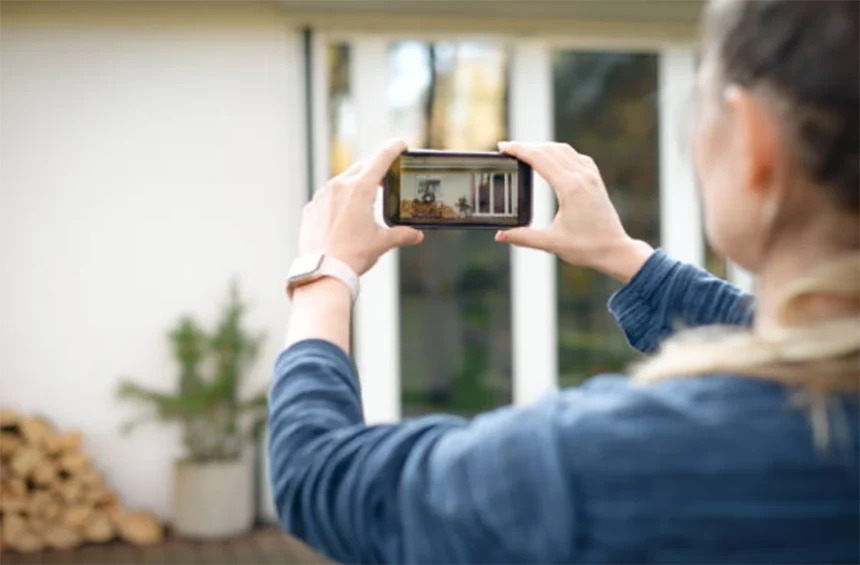 A homeowner standing at the end of a driveway looking back at the house, phone in hand, taking a photograph of the facade