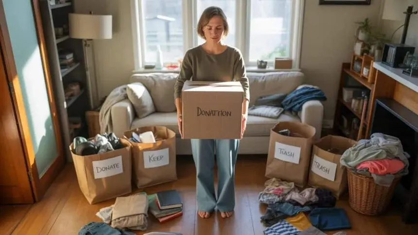 A person with cardboard boxes and trash bags sorted into piles on a living room floor mid-declutter.