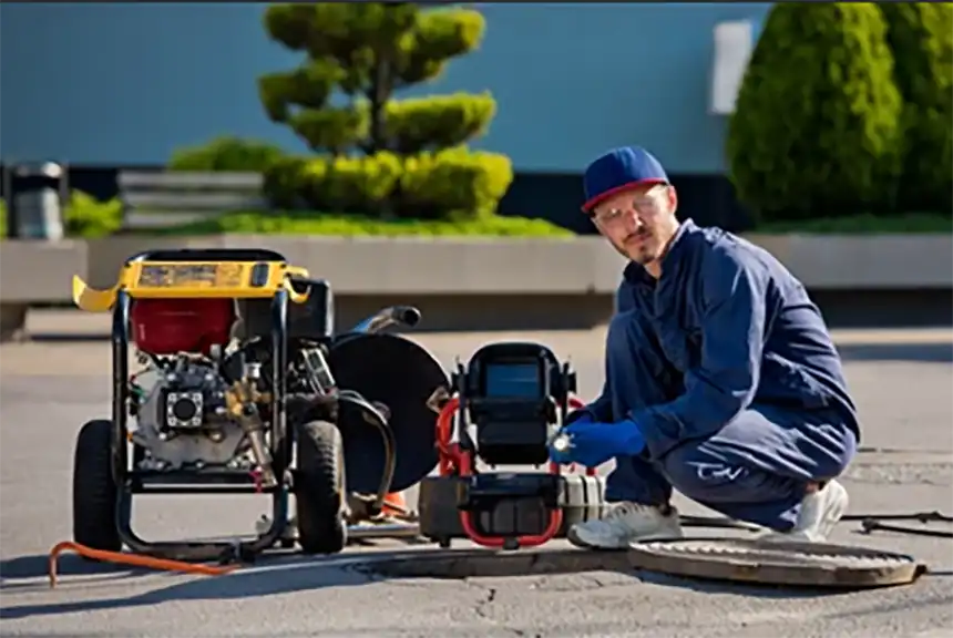 A plumbing technician watching a sewer camera monitor propped on the back of a van.