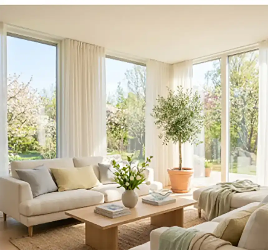 A sunlit living room with a fabric sofa, cushions pulled straight and a window open behind it
