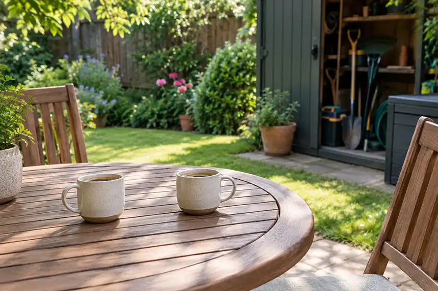 An empty garden table with two coffee cups, tools packed away in the background