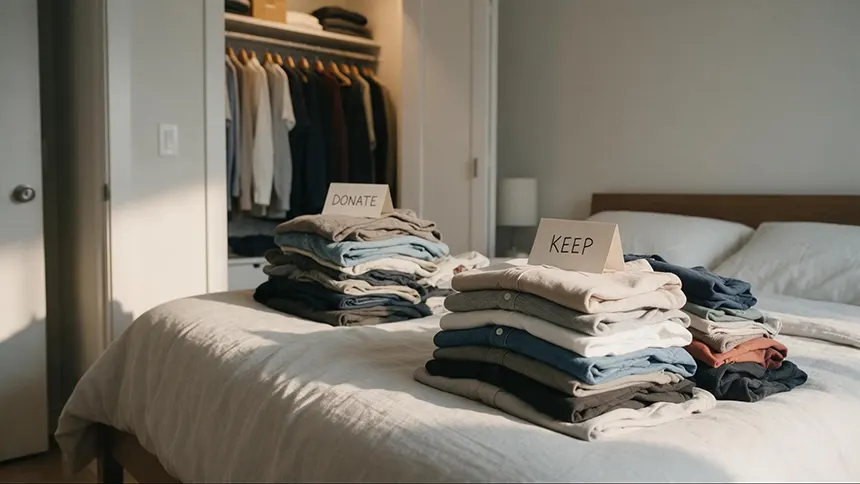 An open closet with clothes divided into two labeled piles on the bed beside it.