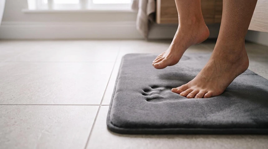 Bare feet stepping onto a bath mat beside a cold tile floor in a dim, early-morning bathroom.