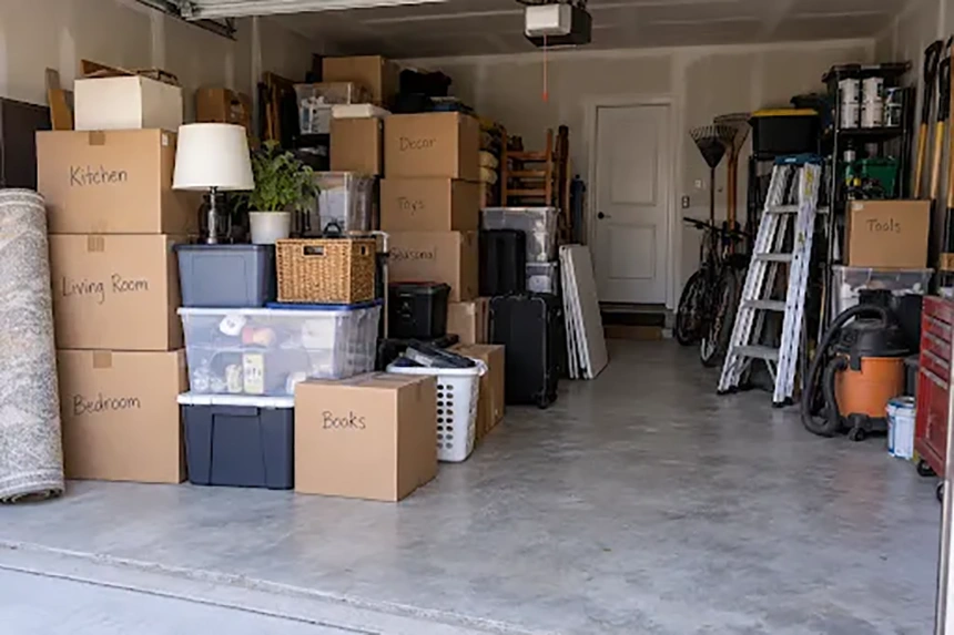 Boxes and household items stacked in a garage before a home remodel begins