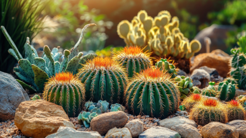 Desert cactus garden with flowering succulents