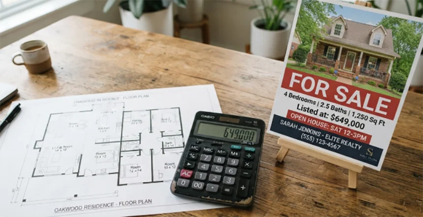 Calculator and house floor plan on a table, next to a for-sale sign photo