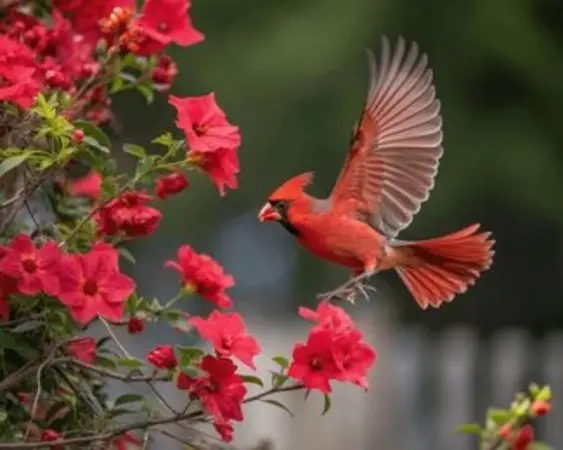 Male cardinal bird flying beside red Cardinal Flower flower blooms on a flowering vine in a natural habitat.