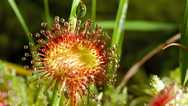 Close-up of Sundew plant sticky leaves