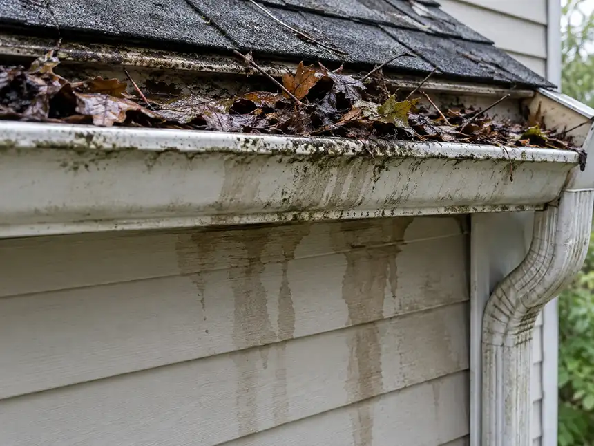 Close-up of a clogged gutter with water staining visible on the siding directly below