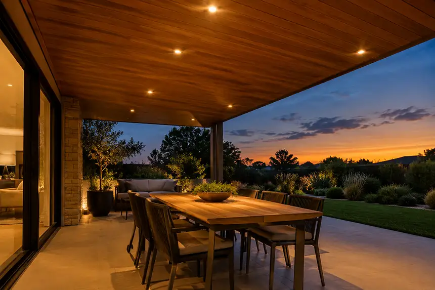 Evening view of a covered patio with warm downlights washing across a wood-clad ceiling above an outdoor dining table