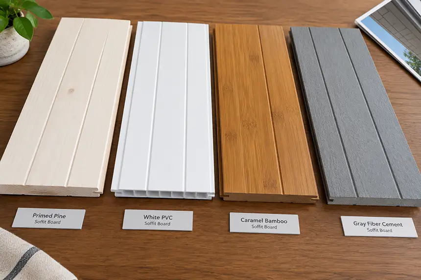 Four soffit board samples laid side by side — primed pine, white PVC, caramel-toned bamboo, and gray fiber cement